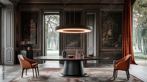 Modern Dining Room with Circular Pendant Light and Brown Leather Chairs