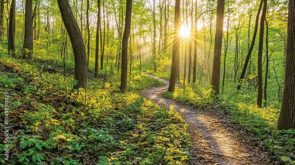 Fototapeta premium A serene forest path with sunlight filtering through trees, inviting exploration and tranquility.