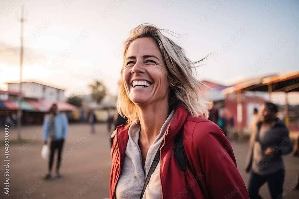 Portrait of a happy young woman smiling in the street at sunset Portrait of a happy young woman smiling in the street at sunset