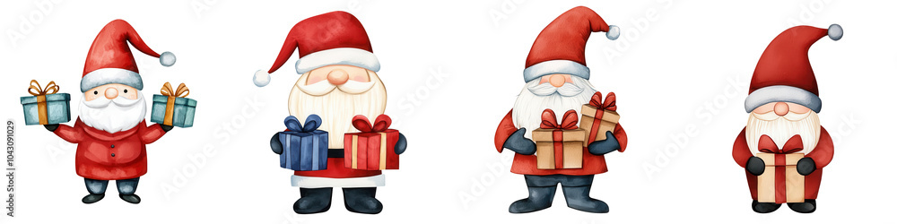 A cheerful illustration of four Santa Clauses, each holding colorful gifts, set against a transparent background, perfect for holiday themes. A cheerful illustration of four Santa Clauses, each holding colorful gifts, set against a transparent background, perfect for holiday themes.