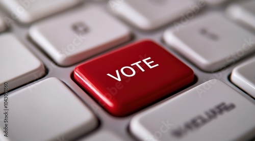 A close-up view of a red vote button on a computer keyboard, symbolizing democratic participation and the importance of voting in elections