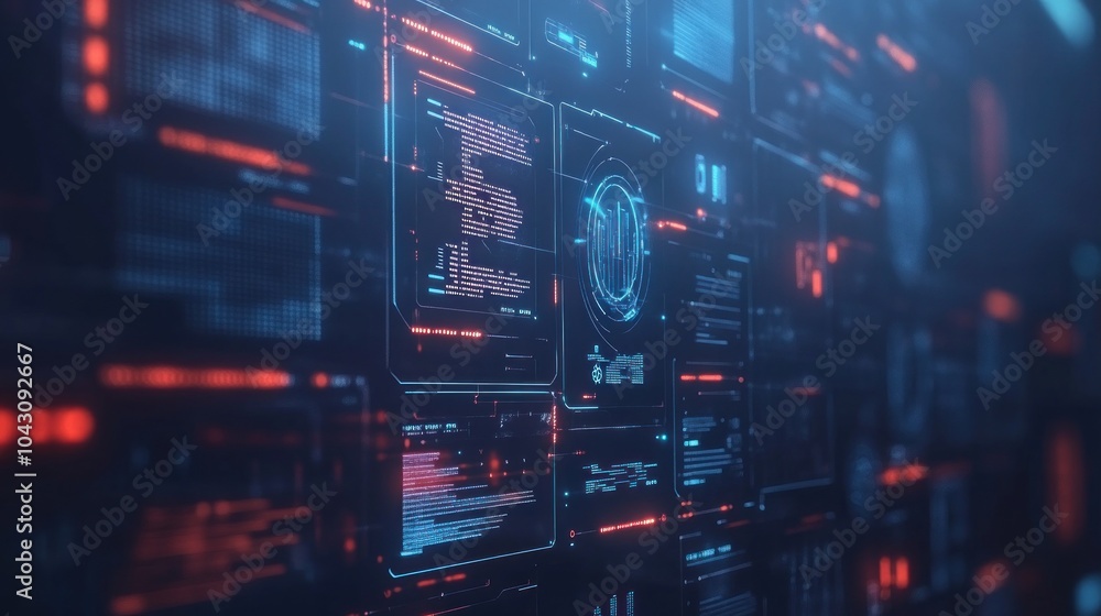 Futuristic digital interface with glowing elements and data displays. Futuristic digital interface with glowing elements and data displays.