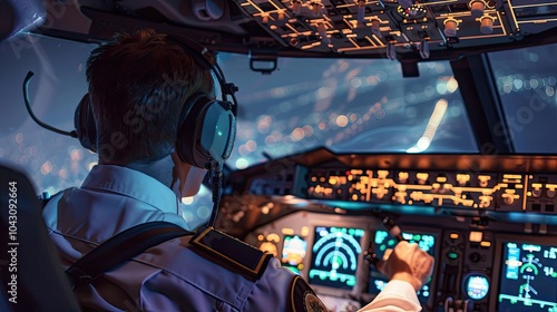 Pilot in cockpit. A pilot flying an airplane, sitting in the cockpit, adjusting controls, surrounded by flight instruments and navigation panels.