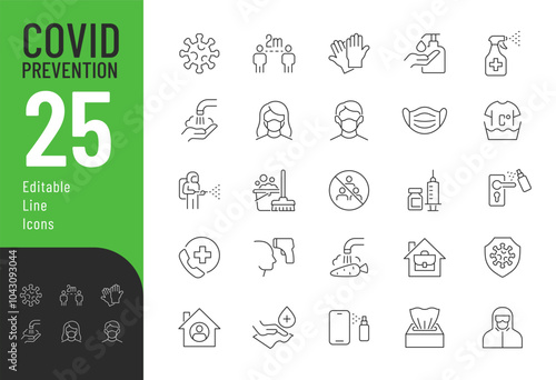 Covid Prevention line Editable Icons set. Vector illustration in modern thin line style of health care related icons: disinfection, antiseptic, vaccine, and more. 