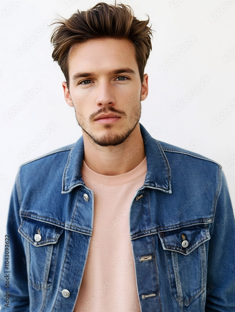 Obraz premium Model man in a trendy denim jacket with a casual t-shirt on a white background.
