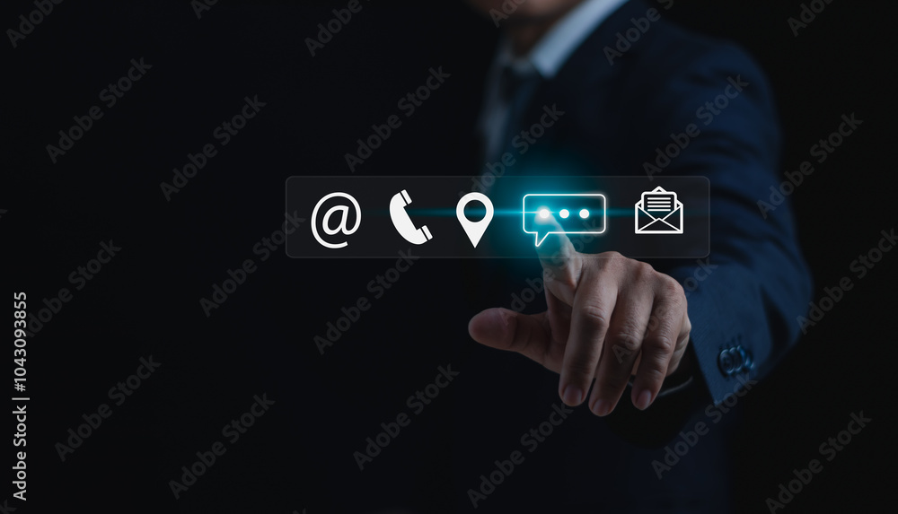 Contact us for customer, hotline service concept, man using finger to show contact information with icon to connect with customer feedback or suggestion, online marketing service Contact us for customer, hotline service concept, man using finger to show contact information with icon to connect with customer feedback or suggestion, online marketing service