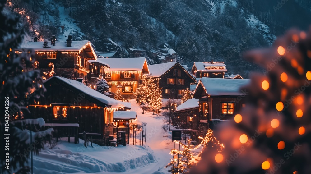 Obraz premium A small village nestled in the mountains, blanketed in snow, with glowing Christmas lights strung across cottages.