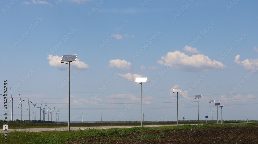 Fototapeta premium solar panels along highway with wind turbines in background, green energy of solar and wind power, renewable resources of planet earth, roadside panels and wind generators in fields