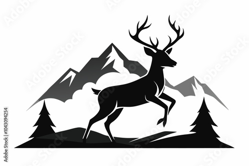 Black Silhouette of Deer and Mountains vector background