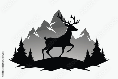 Black Silhouette of Deer and Mountains vector background