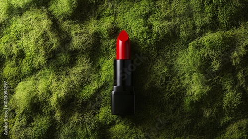 bold vermilion lipstick, textured moss landscape, green beauty concept, organic luxury cosmetics, environmental product photography, striking color contrast composition photo