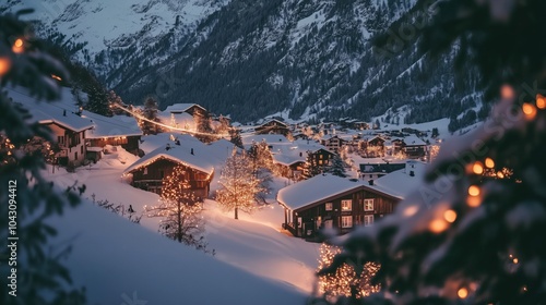 A small village nestled in the mountains, blanketed in snow, with glowing Christmas lights strung across cottages. photo