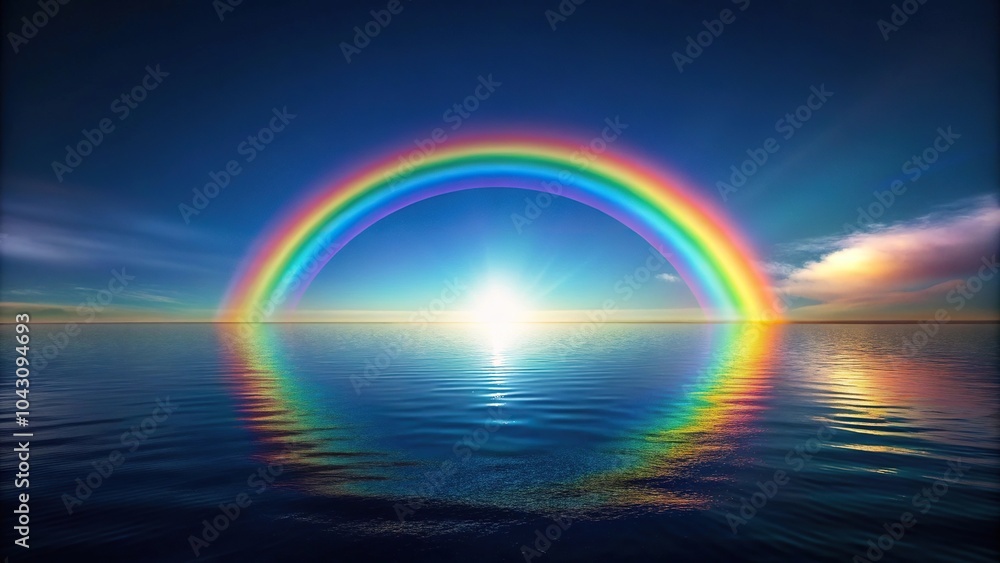 Glowing rainbow reflection on water at night, minimalist scene Glowing rainbow reflection on water at night, minimalist scene