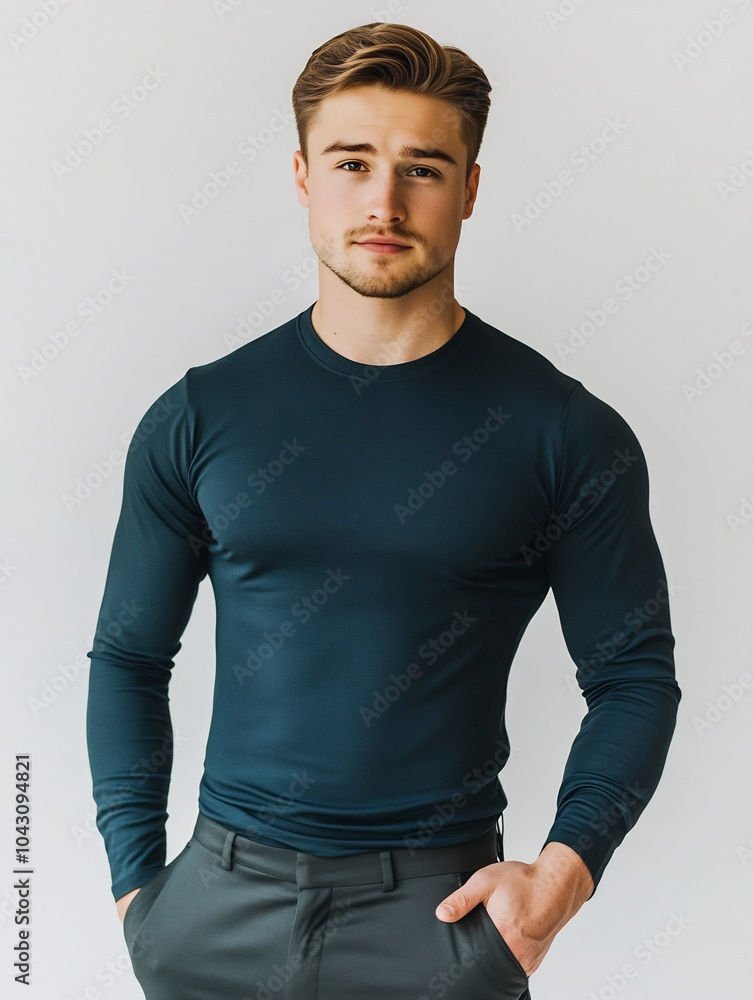 Model man in a fitted long-sleeve t-shirt and stylish pants on a white background. Model man in a fitted long-sleeve t-shirt and stylish pants on a white background.