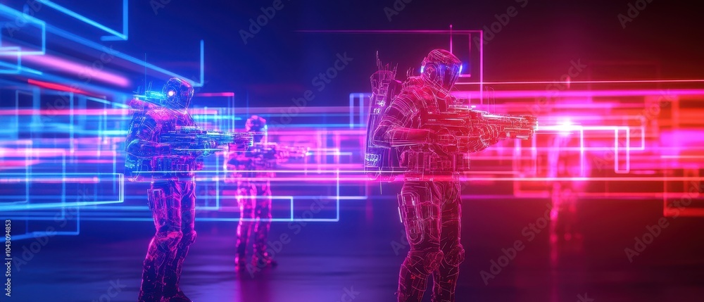 Obraz premium Futuristic soldiers with neon lights in cyberpunk style, dynamic background.