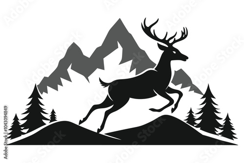 Black Silhouette of Deer and Mountains vector background