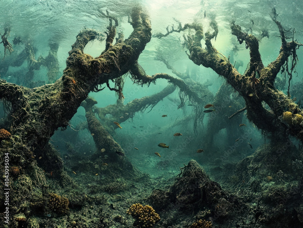 An ancient submerged forest where twisted tree trunks and branches reach out from the ocean floor An ancient submerged forest where twisted tree trunks and branches reach out from the ocean floor