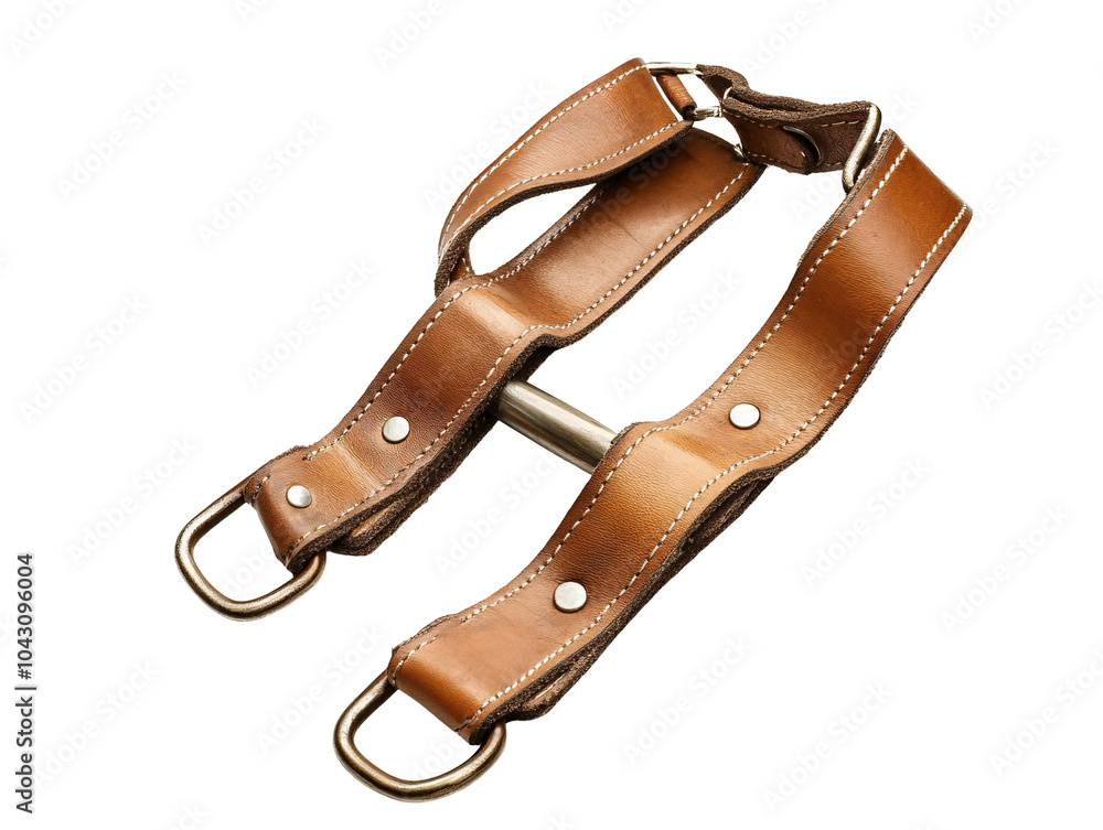 a brown leather strap with metal rings a brown leather strap with metal rings