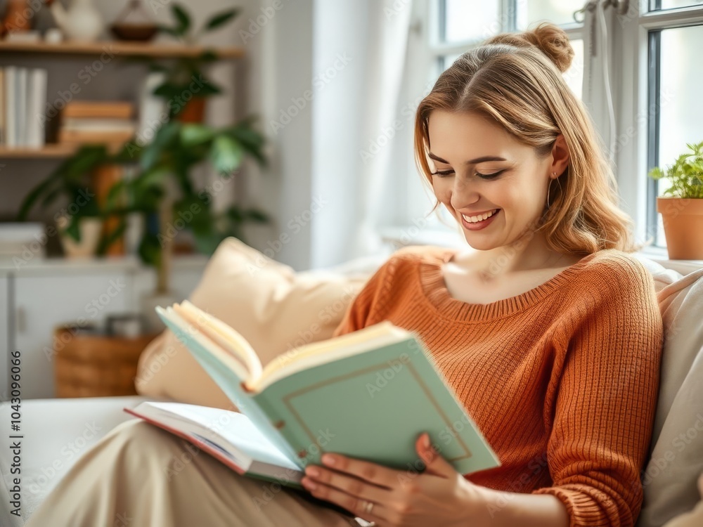 A woman is sitting on a couch reading a book A woman is sitting on a couch reading a book