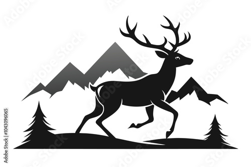 Black Silhouette of Deer and Mountains vector background