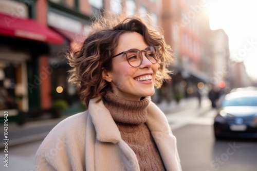 Portrait of a beautiful young woman in glasses with curly hair in the city