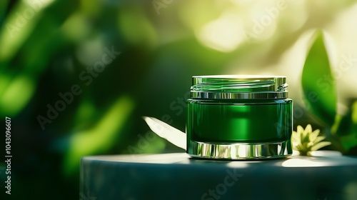 A green cosmetic jar surrounded by nature, showcasing eco-friendly beauty products. photo