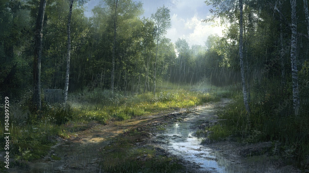 Obraz premium A serene forest scene with a muddy path and gentle sunlight filtering through trees.