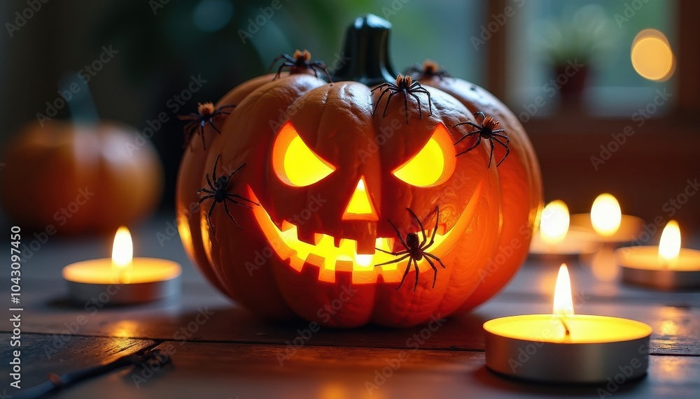 Fototapeta premium Spiders Crawling Over a Haunted Jack-O’-Lantern Surrounded by Flickering Candlelight