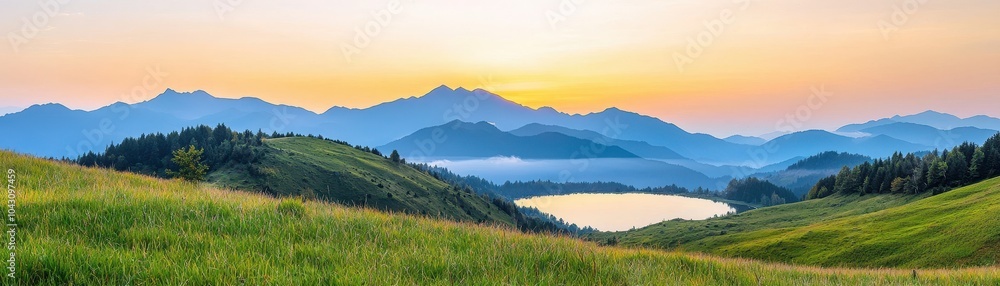 Serene mountain landscape with a calm lake, lush greenery, and a colorful sunset. Serene mountain landscape with a calm lake, lush greenery, and a colorful sunset.