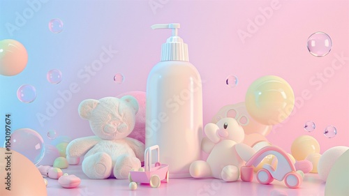 Playful and delicate baby skincare product mockup with soft pastels and teddy bear photo