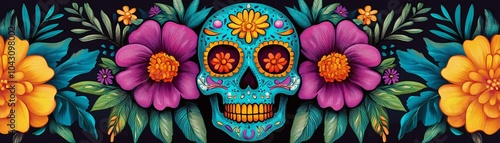  Vibrant sugar skull with glowing purple flowers, intricate teal and yellow accents. photo