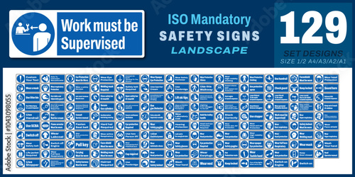 129 set ISO mandatory safety signs v42_work must be supervised_landscape size 1/2 a4,a3,a2,a1	
