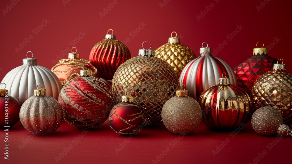 Luxurious red and gold Christmas ornaments with intricate designs arranged against a rich red background Luxurious red and gold Christmas ornaments with intricate designs arranged against a rich red background