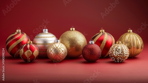 Luxurious red and gold Christmas ornaments with intricate designs arranged against a rich red background