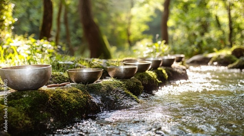 A sound healing session in a forest glade, where crystal singing bowls, bells, and soft chanting fill the air photo