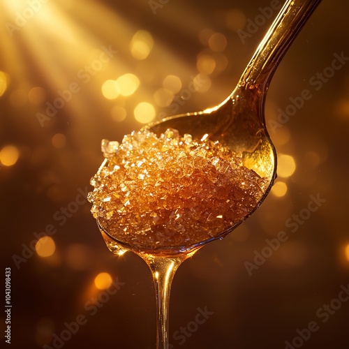 Macro photography of crystallized honey dripping from a spoon, golden hour lighting, textural details, backlit photo