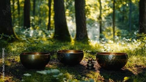 A sound healing session in a forest glade, where crystal singing bowls, bells, and soft chanting fill the air photo