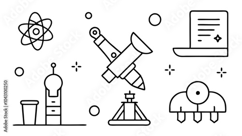 A detailed science-themed vector illustration with hand-drawn elements. Include items like a telescope, microscope, DNA strand design