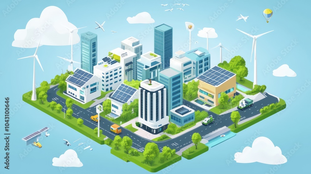 Φωτογραφία Eco-Friendly Cityscape: An isometric illustration of a sustainable city powered by renewable energy sources, showcasing eco-conscious urban planning and a harmonious blend of nature and technology