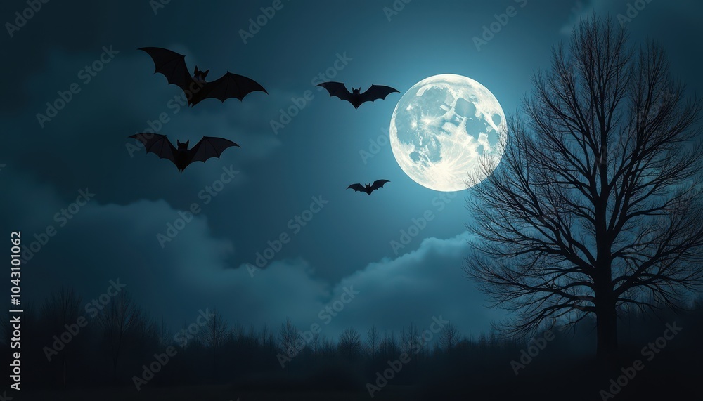 Spooky Bats Flying in the Dark Sky Over a Full Moon on a Mysterious Halloween Night Spooky Bats Flying in the Dark Sky Over a Full Moon on a Mysterious Halloween Night