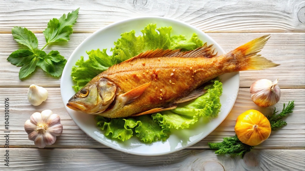 Golden deep fried fish on white plate with lettuce and garlic viewed from above Golden deep fried fish on white plate with lettuce and garlic viewed from above
