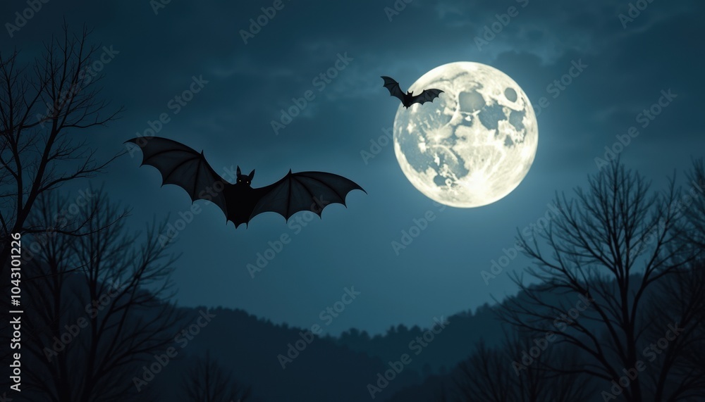 Fototapeta premium Spooky Bats Flying in the Dark Sky Over a Full Moon on a Mysterious Halloween Night