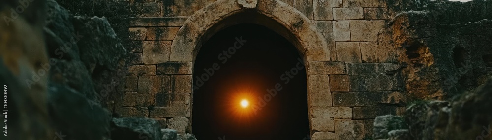 An ancient stone archway with a glowing light at the center, suggesting mystery and history. An ancient stone archway with a glowing light at the center, suggesting mystery and history.