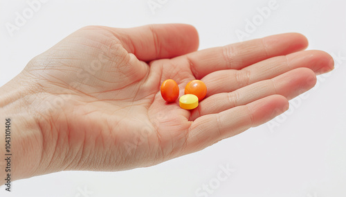 Closeup of woman's hand holding pill on white background