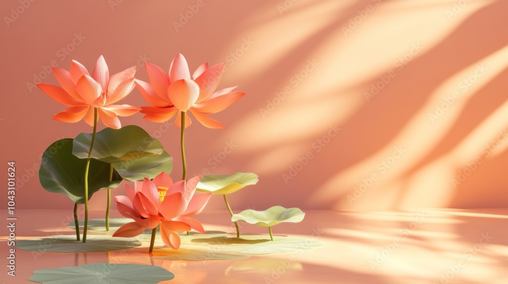 Φωτογραφία A serene arrangement of pink lotus flowers and leaves against a soft peach backdrop