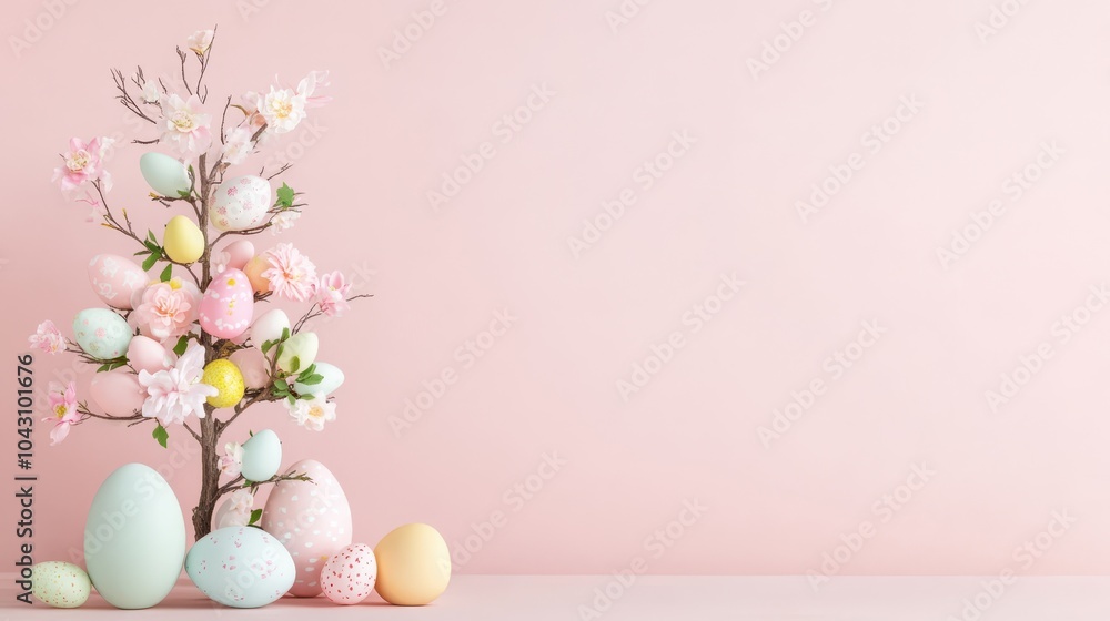 Elegant Easter tree with pastel eggs and pink blossoms against a soft pink background, creating a minimalist and modern holiday decoration. Elegant Easter tree with pastel eggs and pink blossoms against a soft pink background, creating a minimalist and modern holiday decoration.