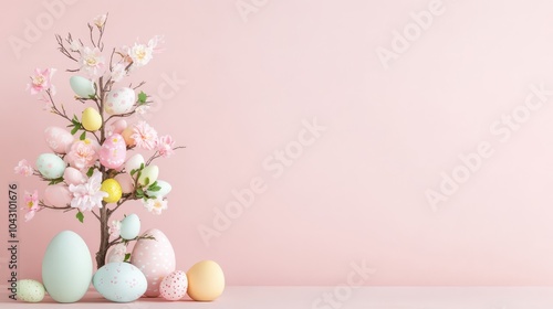 Elegant Easter tree with pastel eggs and pink blossoms against a soft pink background, creating a minimalist and modern holiday decoration.