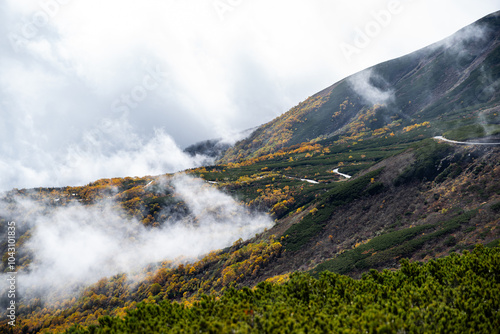 紅葉する山から雲が湧く風景 乗鞍岳