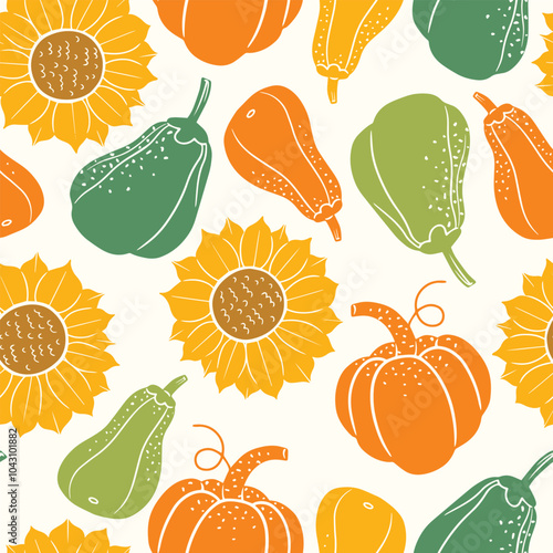 Seamless pattern with seasonal harvesting crop, pumpkins, squashes and sunflowers. hand drawn vector illustration