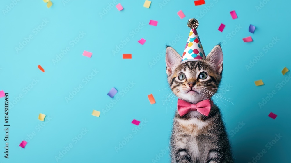 Tabby cat wearing party hat and sunglasses with confetti against blue background. Fun, quirky celebration concept for pet lovers. Tabby cat wearing party hat and sunglasses with confetti against blue background. Fun, quirky celebration concept for pet lovers.